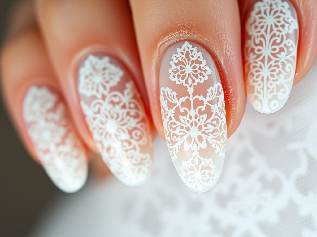 White acrylic nails with delicate lace patterns