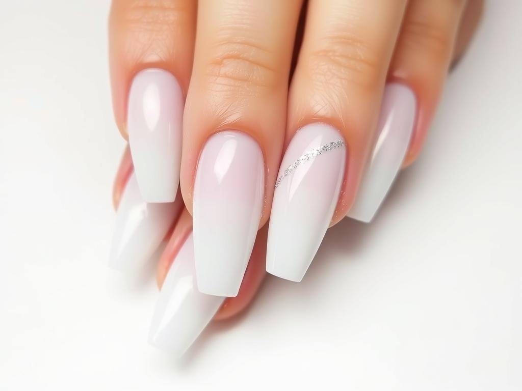 White acrylic nails with delicate silver glitter accents