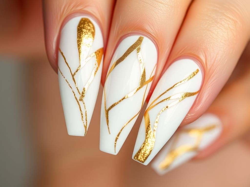 White acrylic nails with gold foil accents