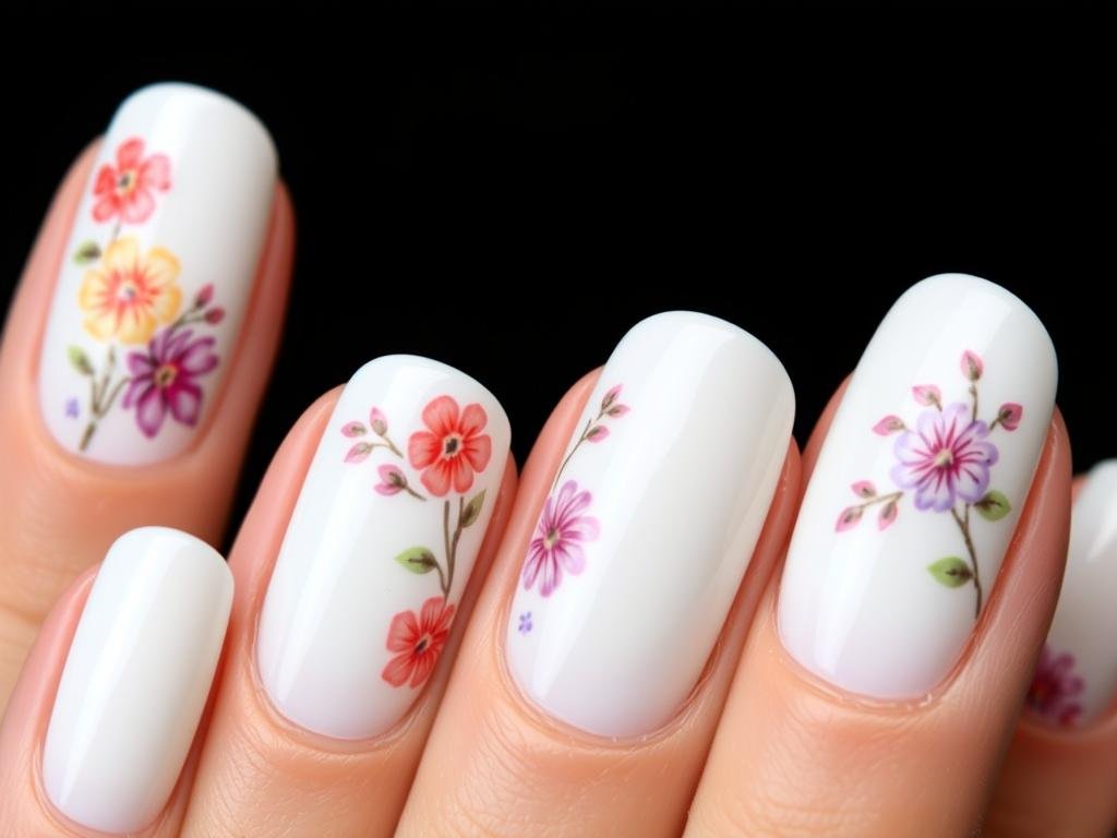 White acrylic nails with hand-painted floral designs