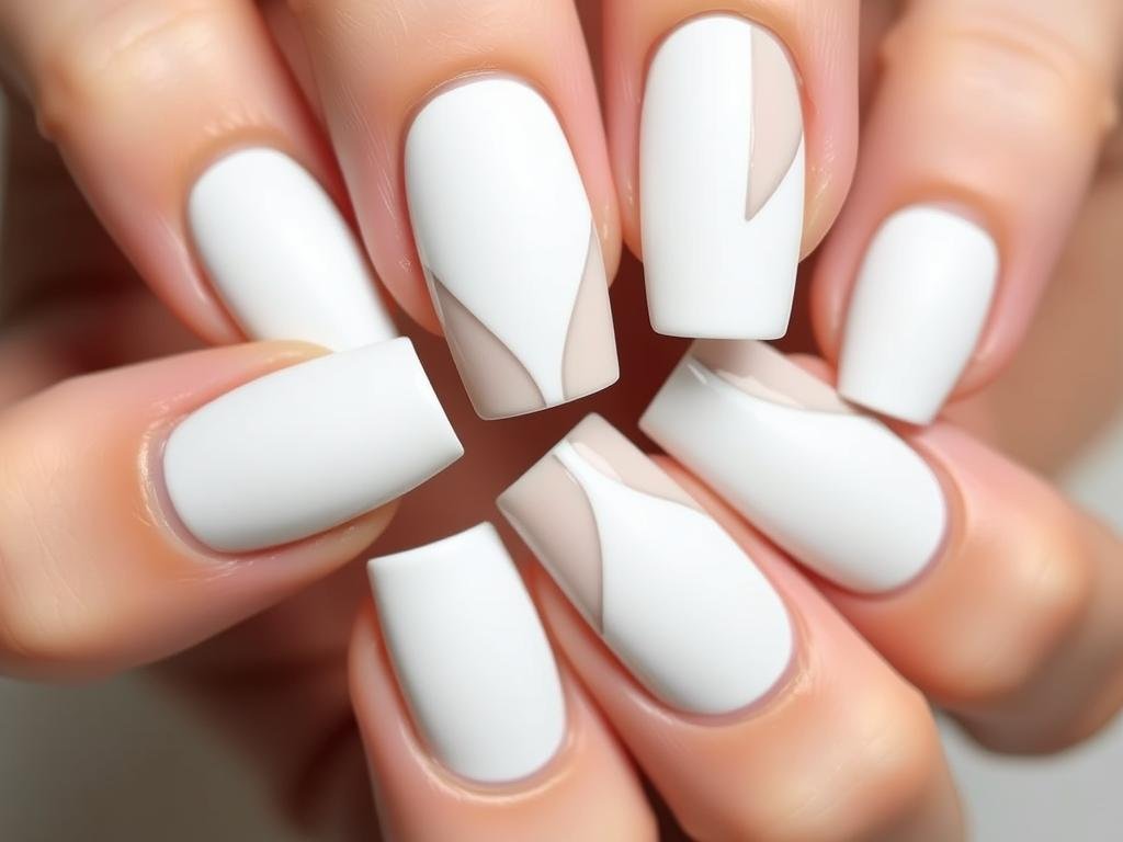 White acrylic nails with negative space geometric designs