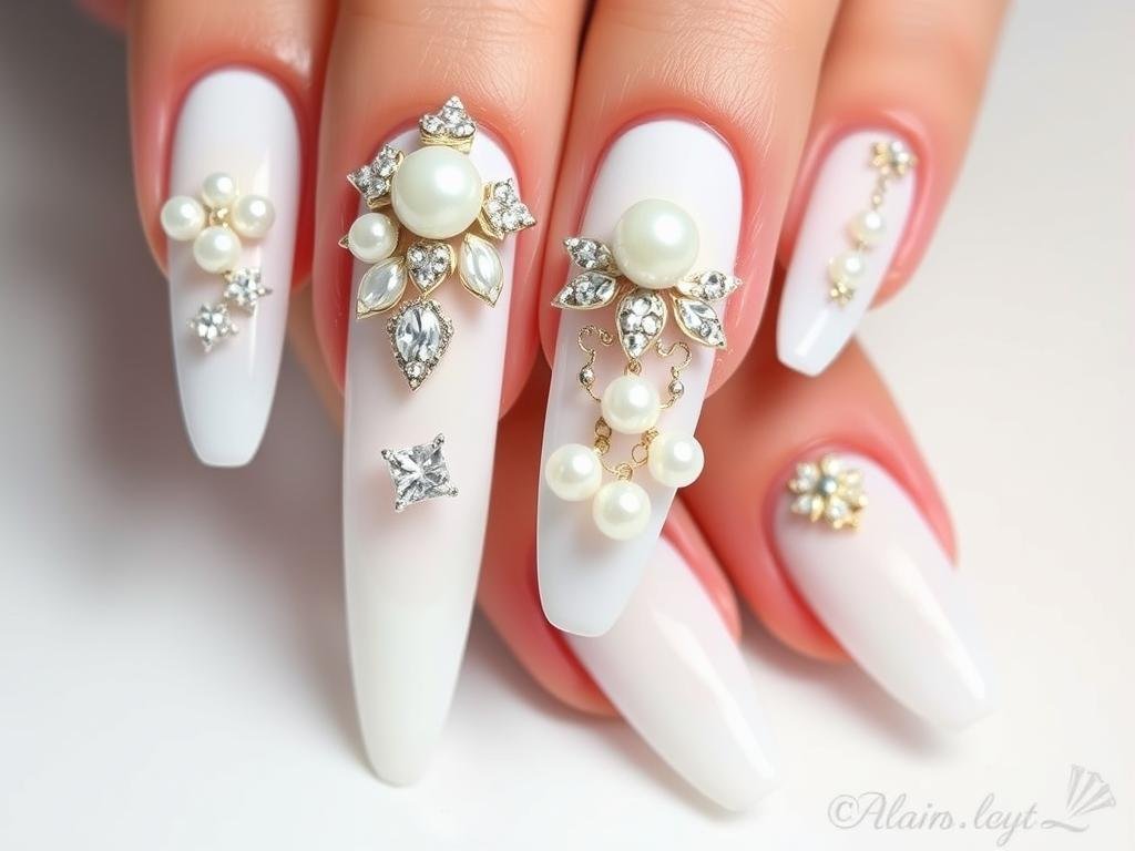 White acrylic nails with pearl and rhinestone embellishments