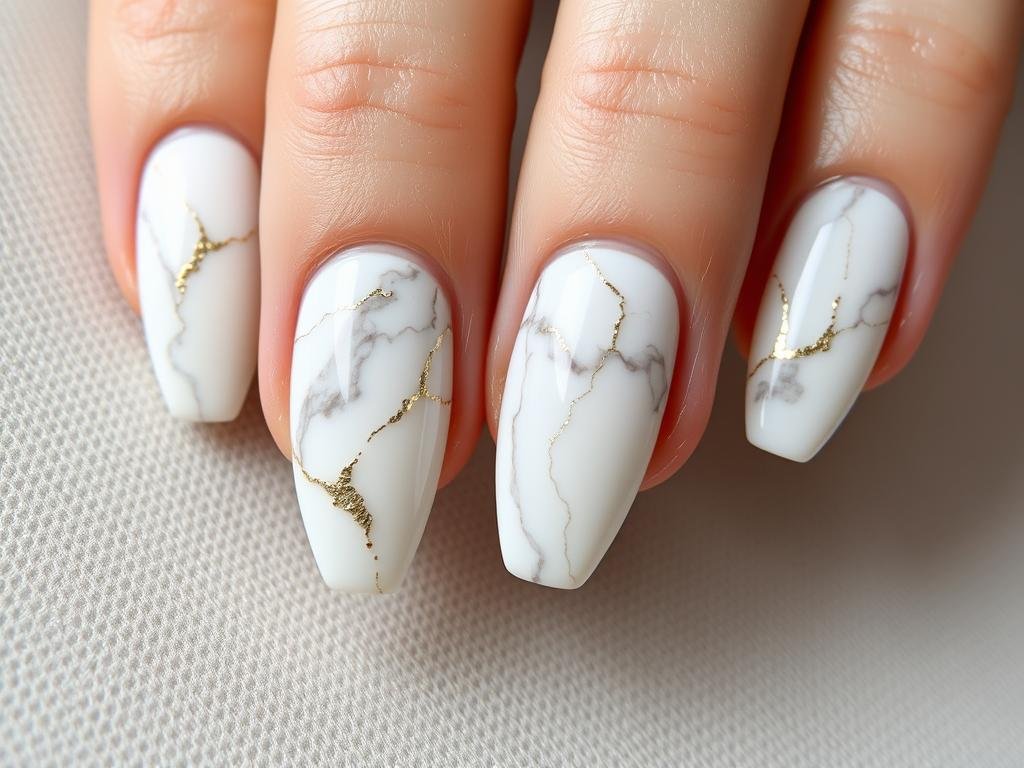 White marble acrylic nails with gold accents