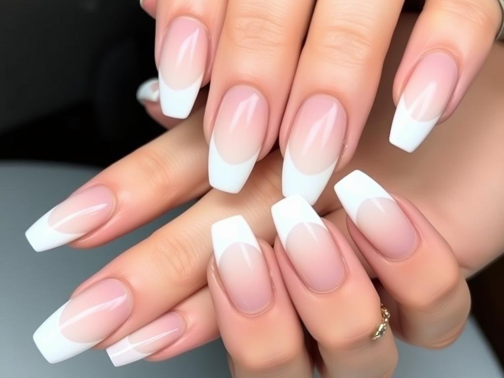 White ombre acrylic nails transitioning to nude