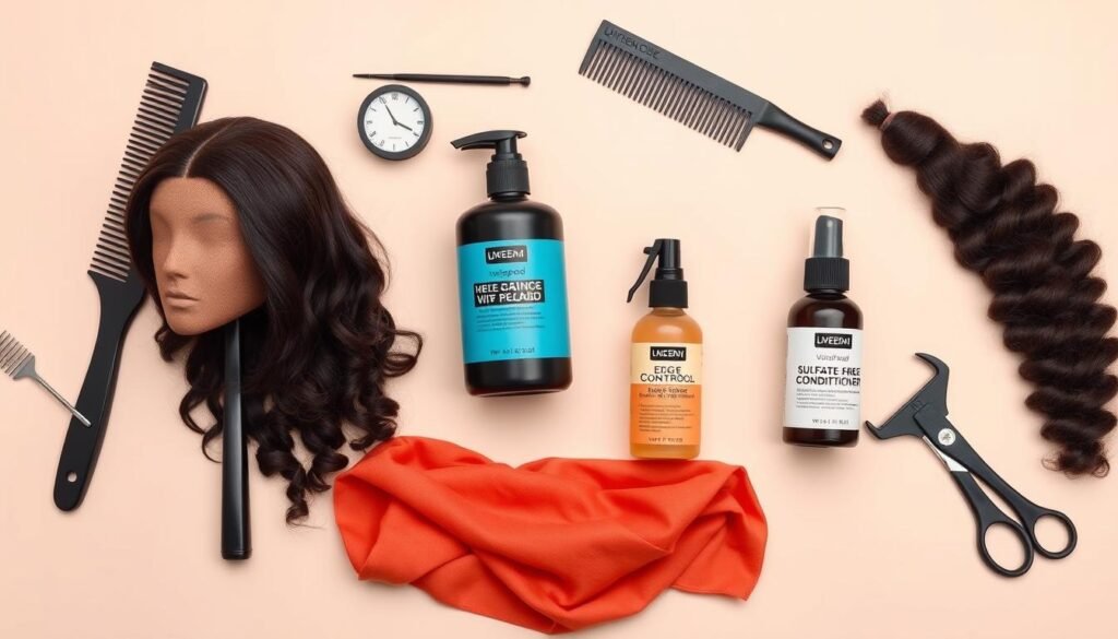 Wig care products arranged neatly including wide-tooth comb, wig stand, and sulfate-free shampoo