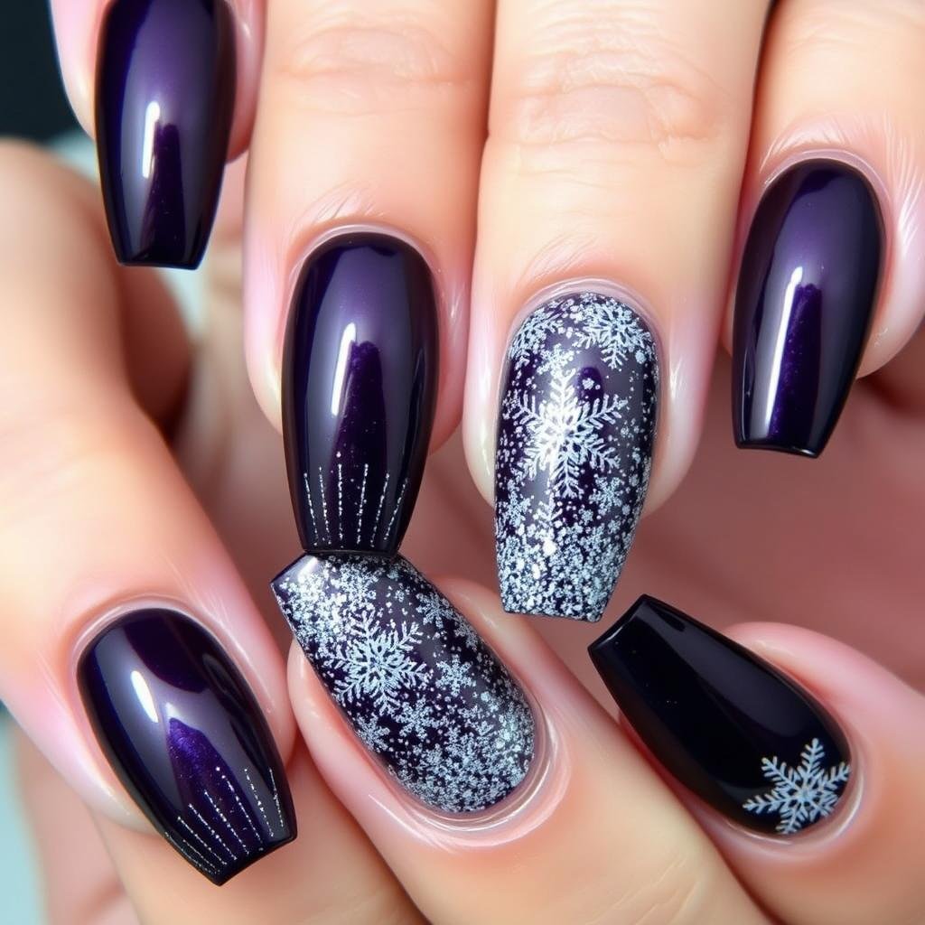 Winter purple acrylic nails with silver glitter
