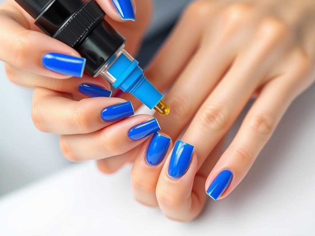 Woman applying cuticle oil to blue square acrylic nails