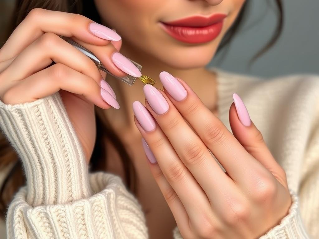 Woman applying cuticle oil to maintain long almond acrylic nails