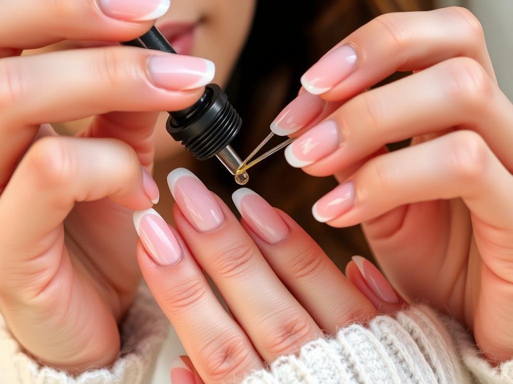 Woman applying cuticle oil to maintain medium French tip acrylic nails