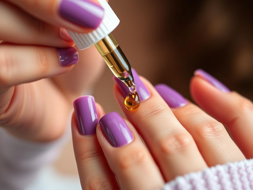 Woman applying cuticle oil to purple acrylic nails