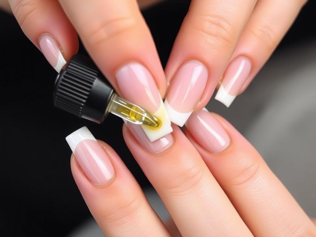 Woman applying cuticle oil to square french tip acrylic nails