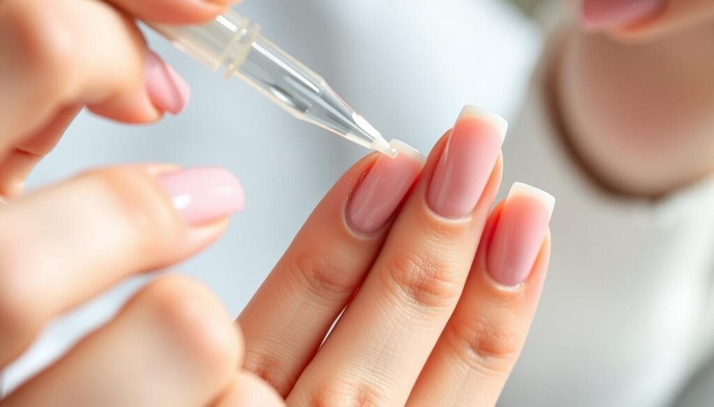 Woman applying top coat to short french tip acrylic nails pink