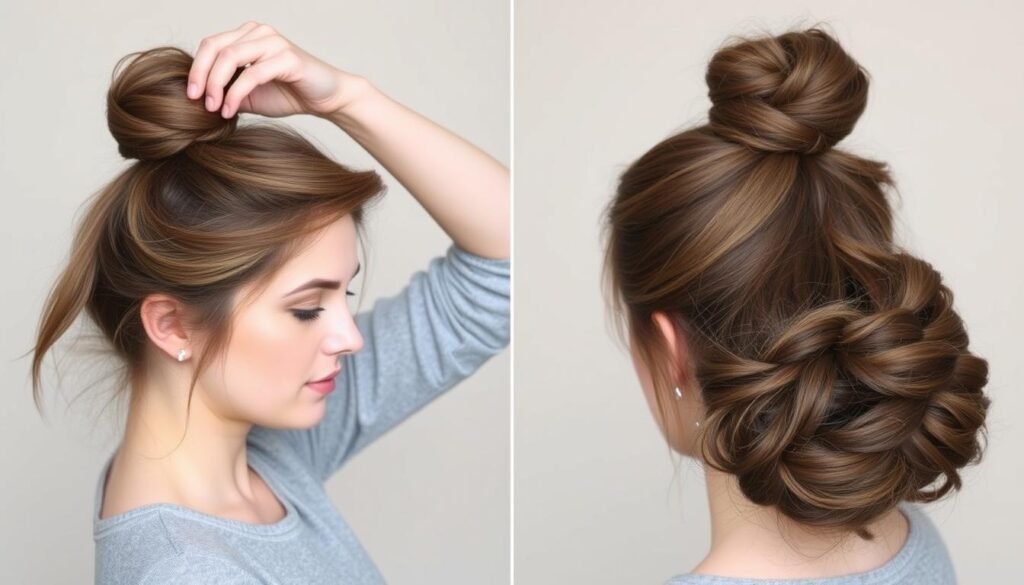Woman creating a messy bun style with half wig Woman creating a messy bun style with half wig