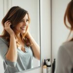 Woman easily applying a half wig in front of mirror during busy morning routine