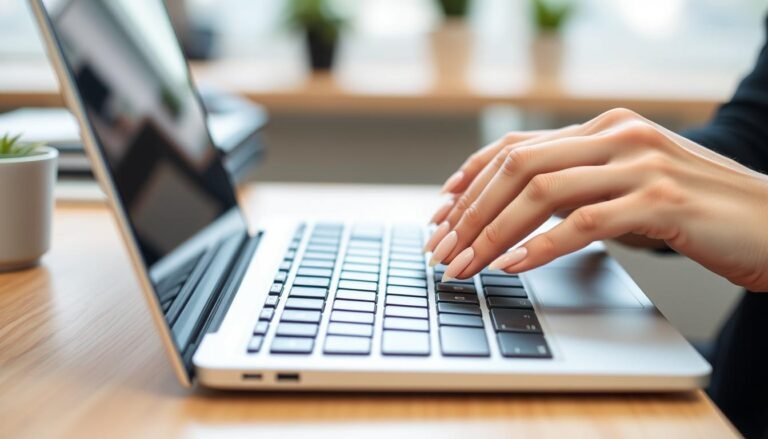 Woman in professional setting with natural acrylic nails typing on laptop keyboard