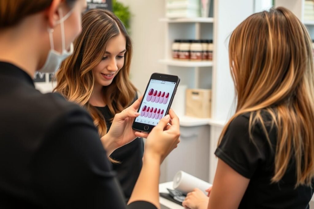 Woman showing cherry nail design reference to nail technician at salon