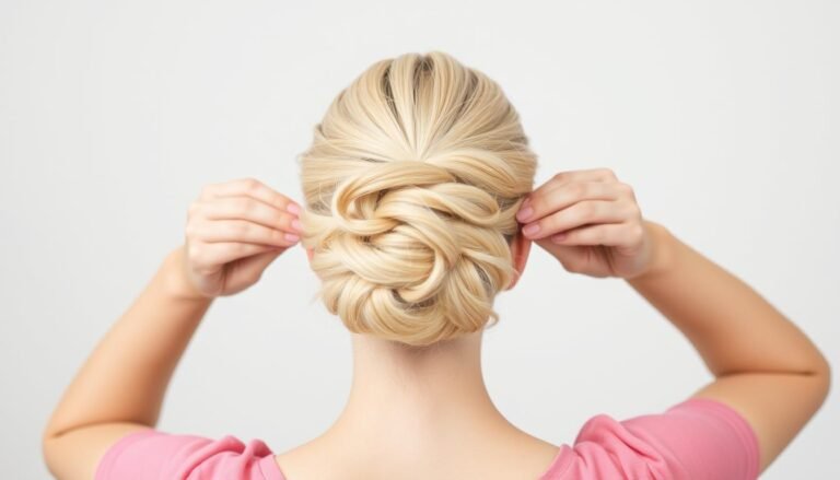 Woman styling a blonde wig into a simple updo hairstyle