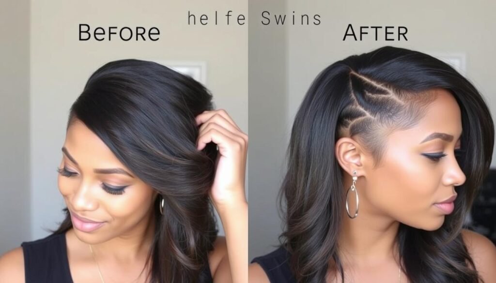 Woman styling a half wig with side part technique Woman styling a half wig with side part technique