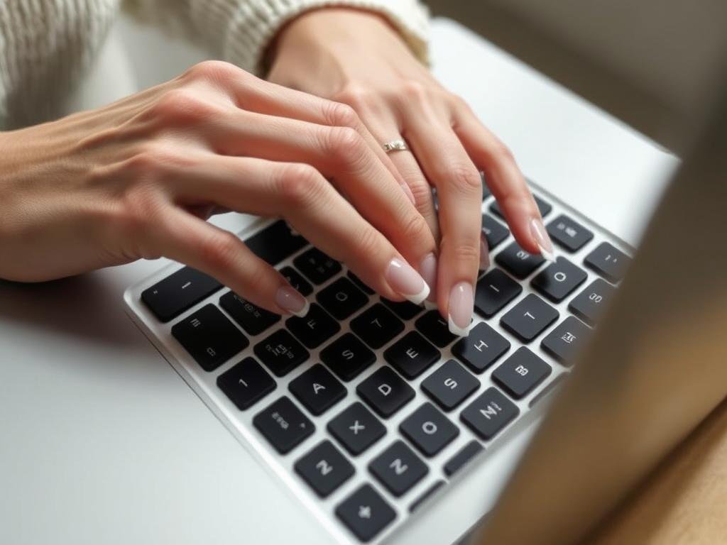 Woman typing on laptop with medium French tip acrylic nails, demonstrating their practicality