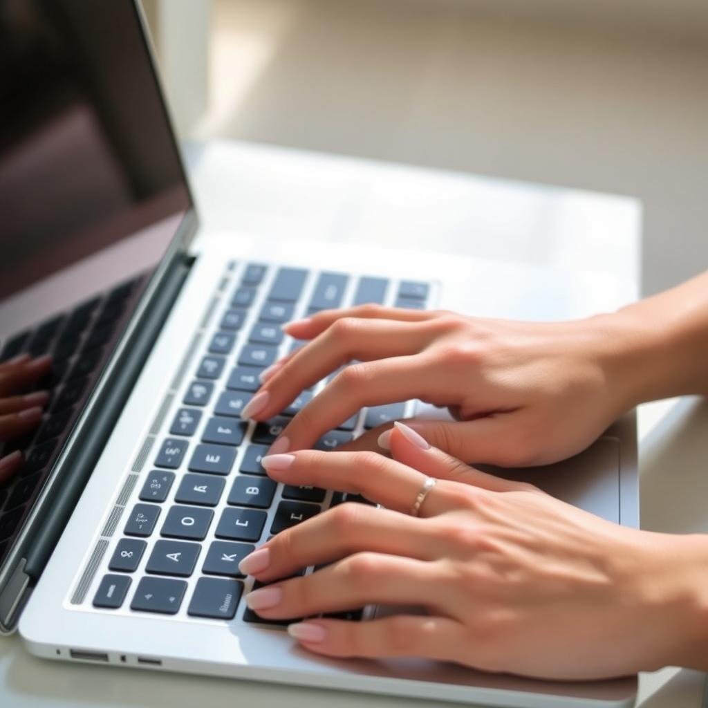 Woman typing on laptop with natural looking acrylic nails, demonstrating practicality