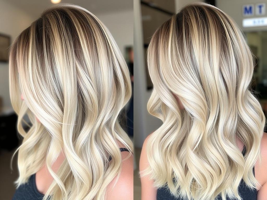 Woman with blonde balayage wig showing dimensional color from dark roots to light ends