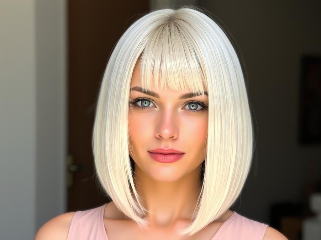 Woman with blonde bob wig in sleek, chin-length style