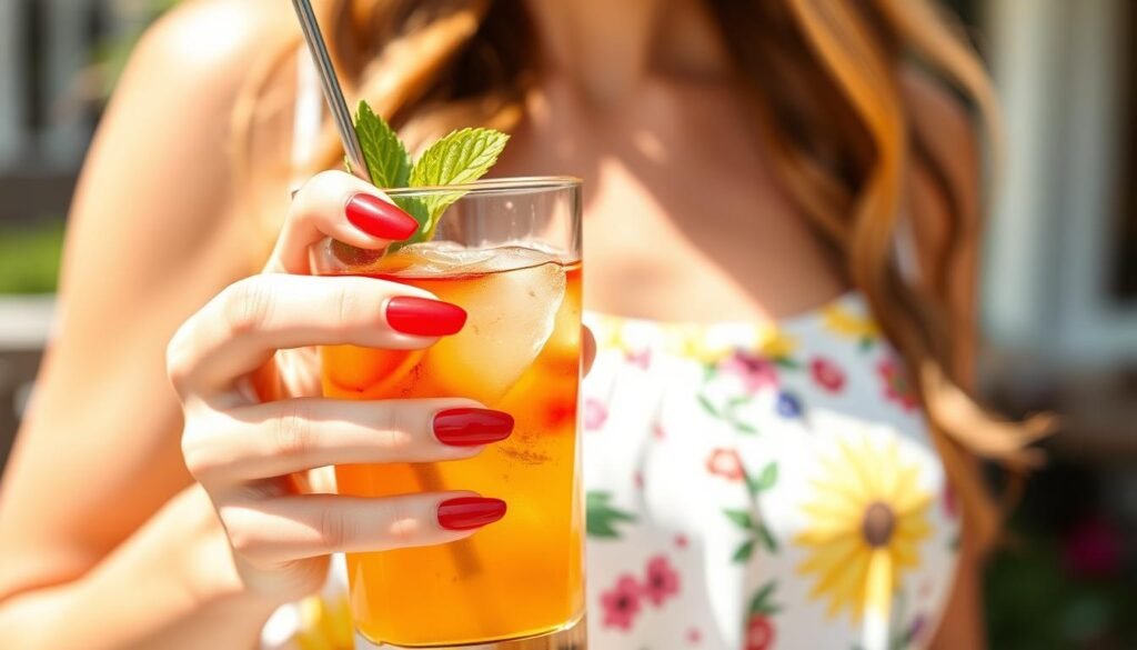 Woman with cherry acrylic nails holding a summer drink, showcasing seasonal style pairing