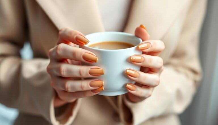 Woman with elegant gold acrylic nails holding a coffee cup