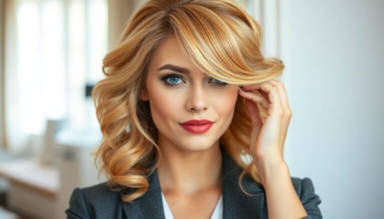 Woman with honey blonde wig getting ready quickly in the morning