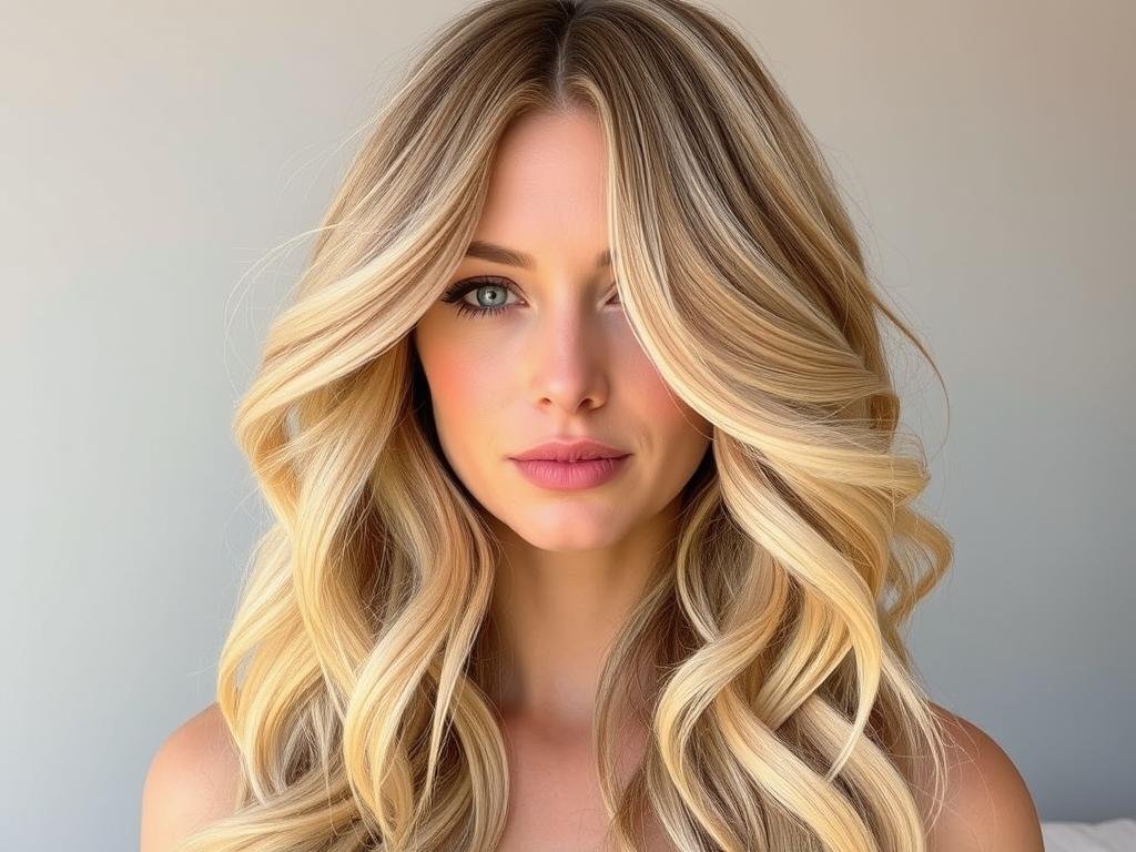 Woman with honey blonde wig with natural waves and golden highlights