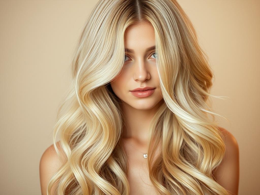 Woman with long wavy blonde wig cascading past shoulders