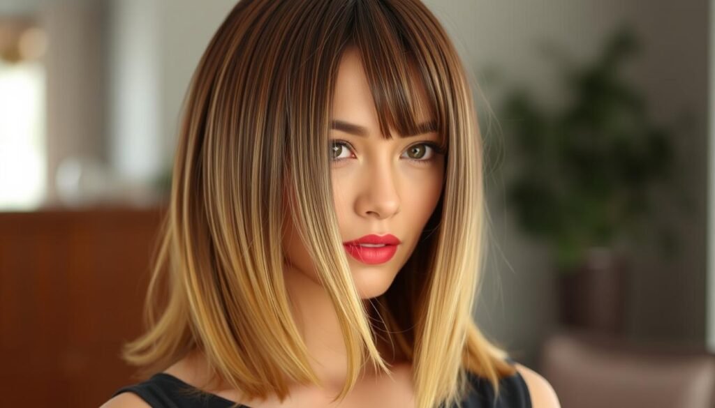 Woman with natural-looking straight wig hairstyle showing sleek style