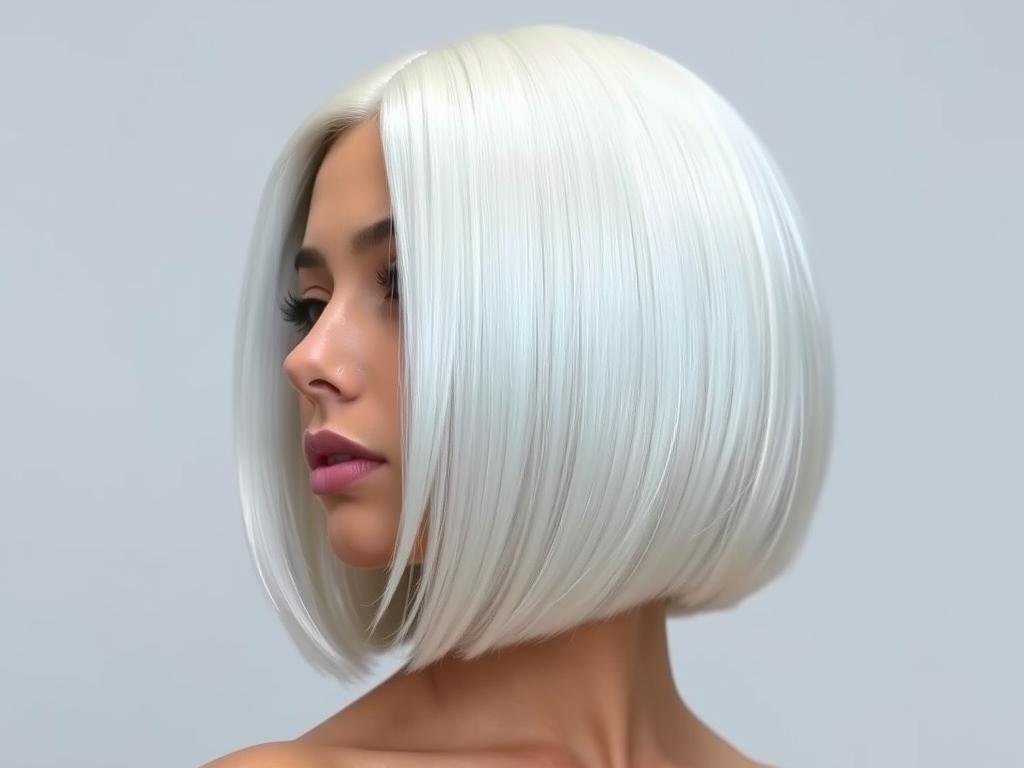 Woman with platinum blonde wig styled in sleek bob with icy tones