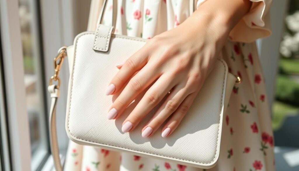 Woman with spring acrylic nails holding a floral patterned handbag
