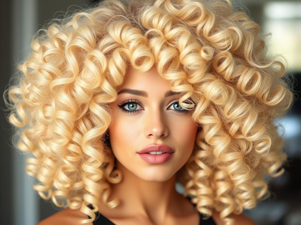 Woman with voluminous blonde curly wig with bouncy spirals
