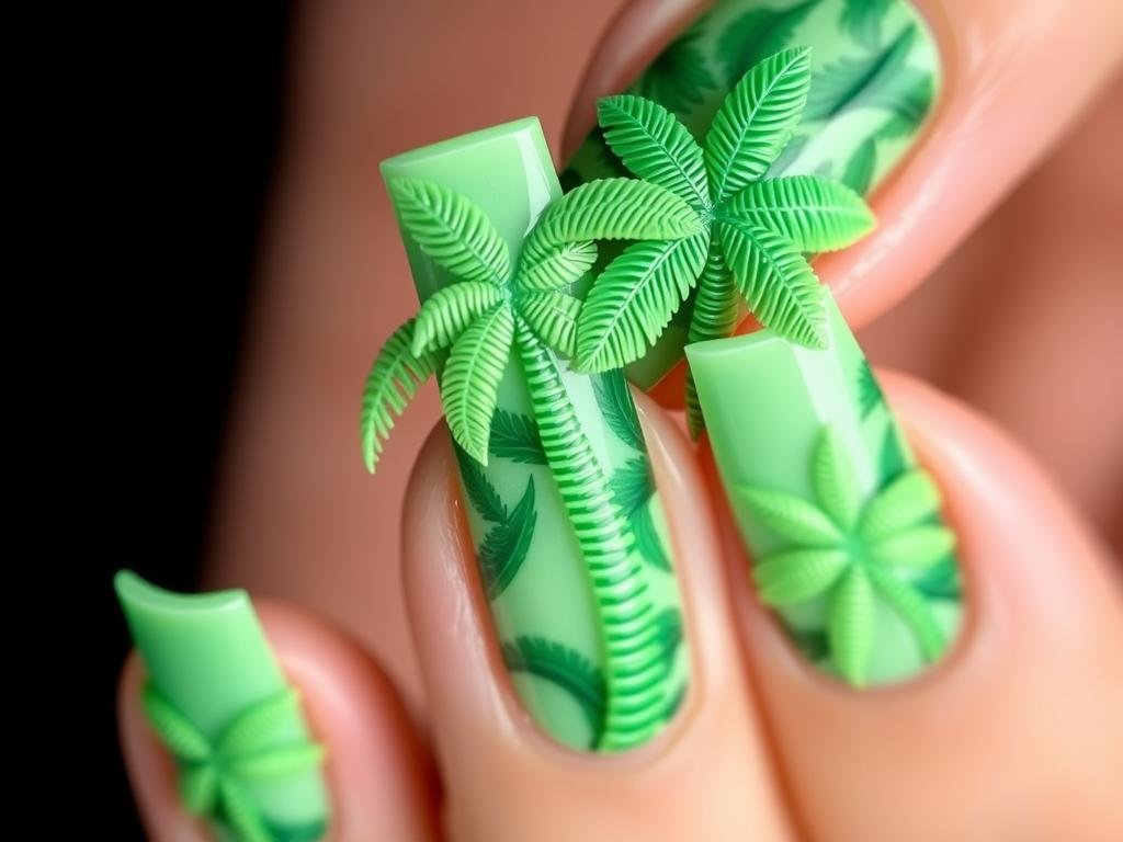 3D palm tree nail art for beach vacation