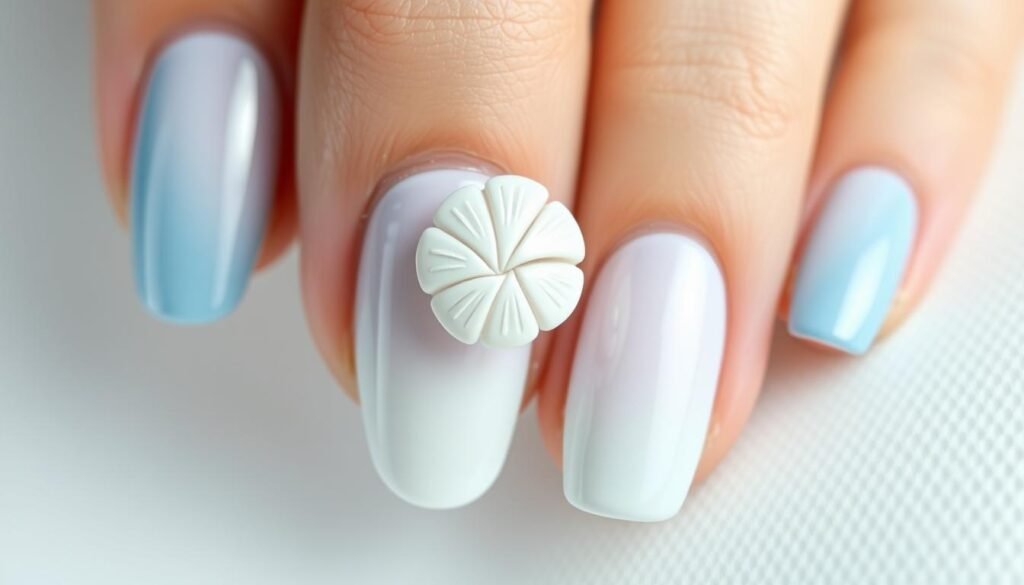 3D seashell accent on cute beach nails with pearlescent finish