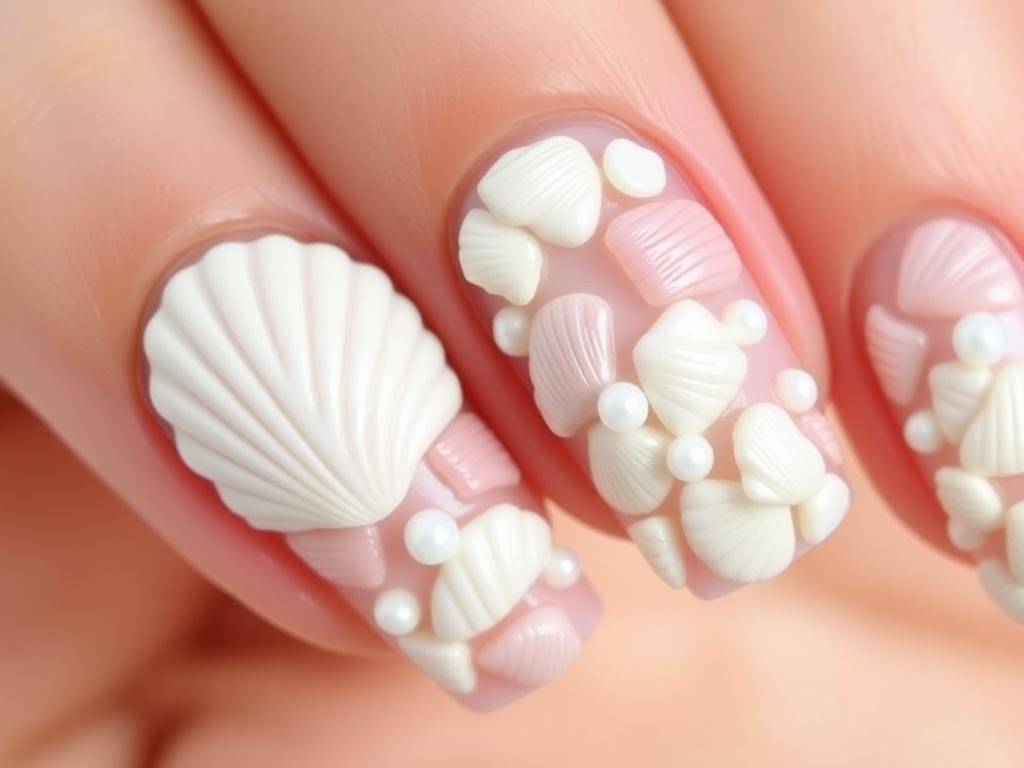 3D seashell beach nail designs with pearl accents