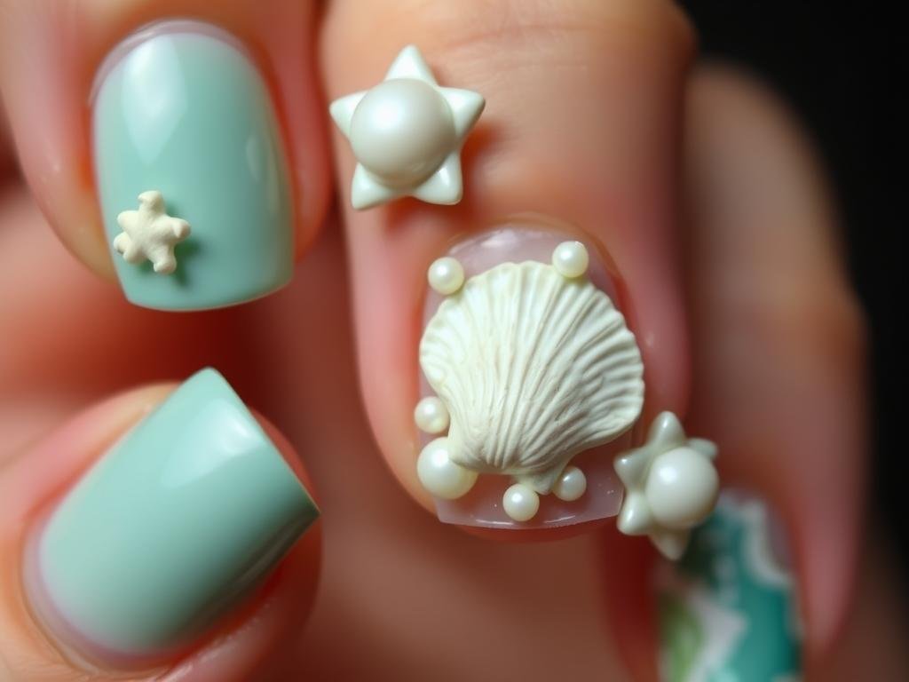 3D seashell embellished beach nail design with textured elements