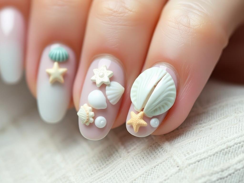 3D seashell embellishments on beach-themed nails for beach nail inspo