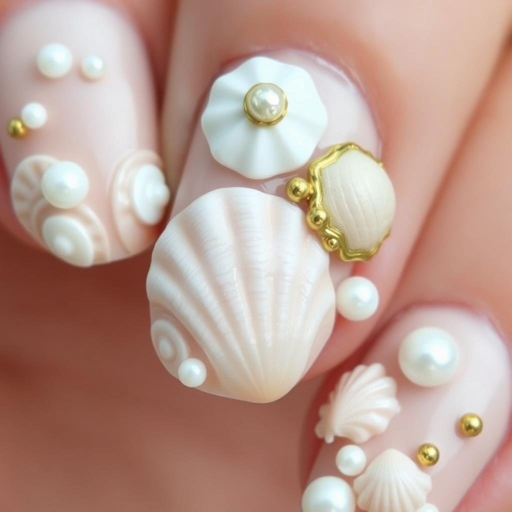 3D seashell nail art for beach vacation