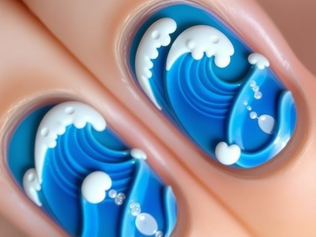 3D wave effect beach nail design with gel sculpting