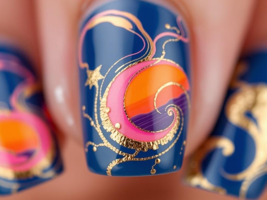 Abstract sunset beach nail designs with gold foil