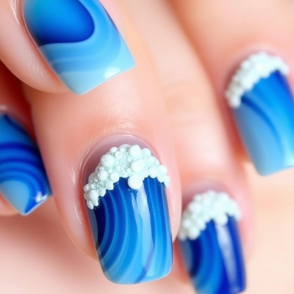 Advanced 3D ocean wave nail art for beach vacation