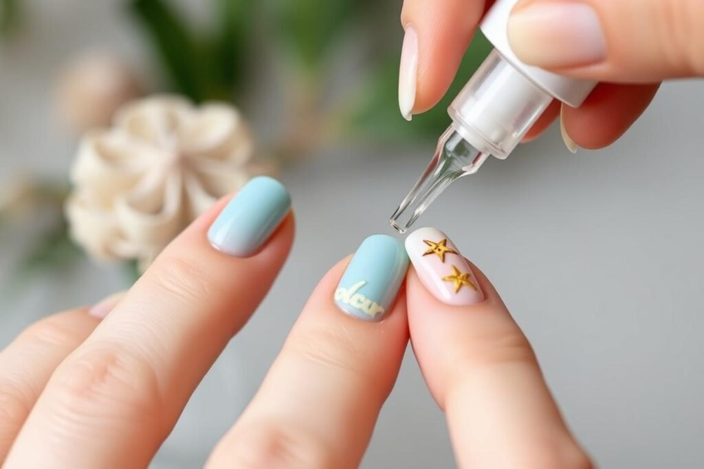 Applying top coat to maintain short beach nail design
