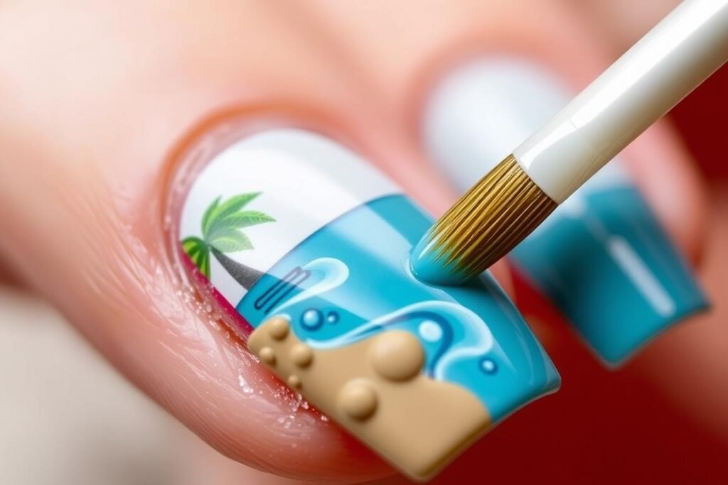 Applying top coat to protect cute beach nails from sand and water