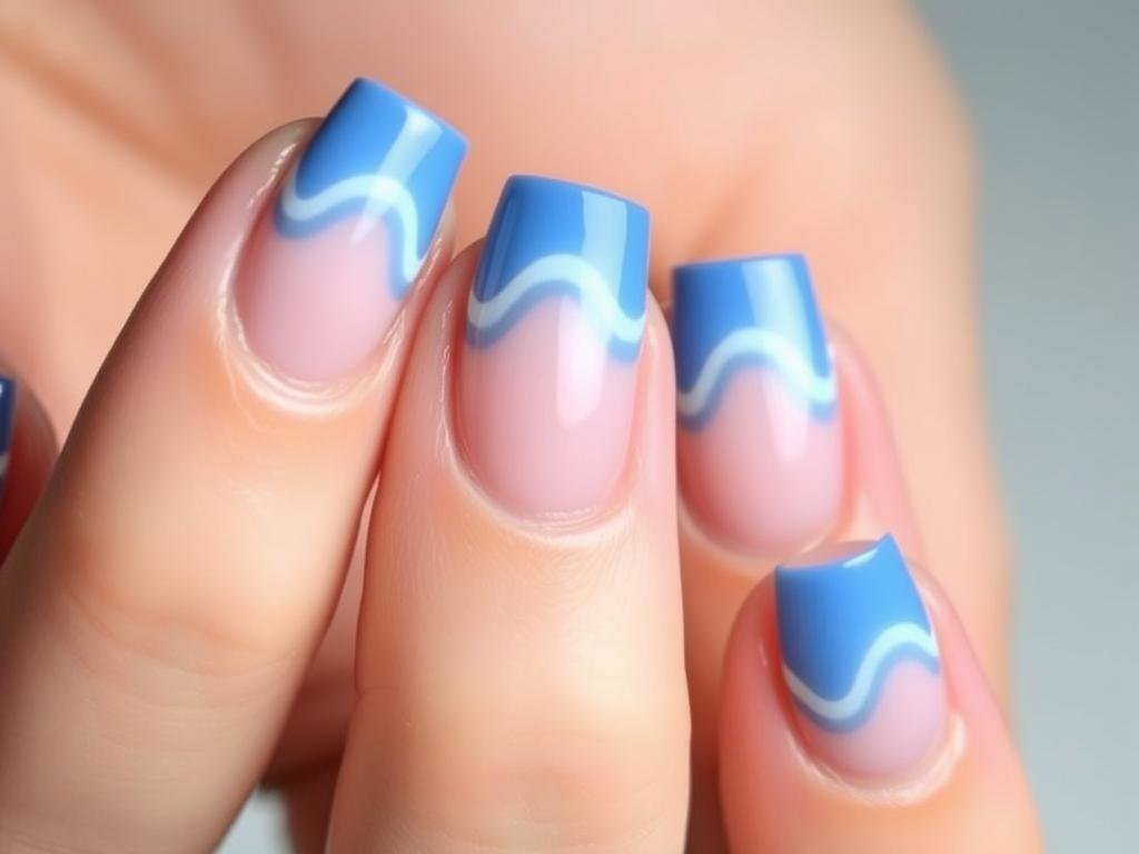 Beach nail design with blue wave-shaped French tips