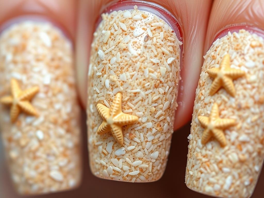 Beach nail design with raised sand texture and small starfish accents