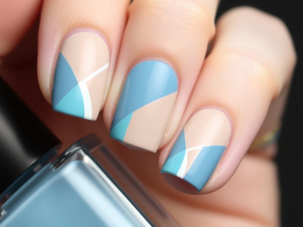 Beach nail design with tape-created geometric ocean pattern