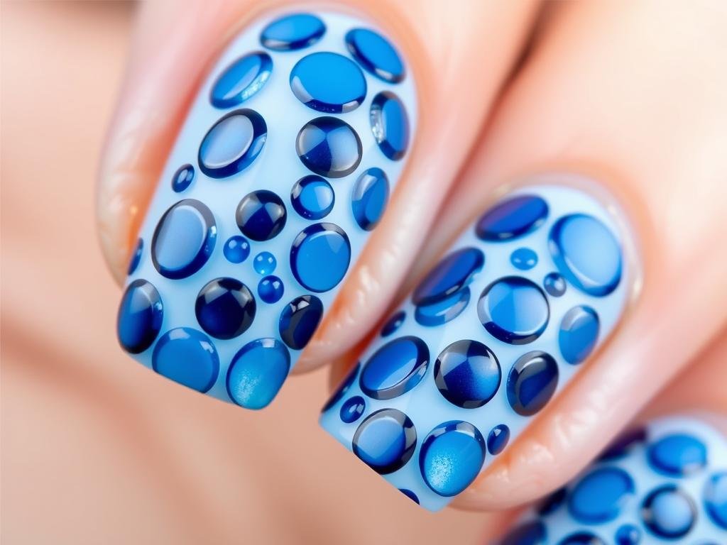 Beach nail design with water droplet effect in various blue shades